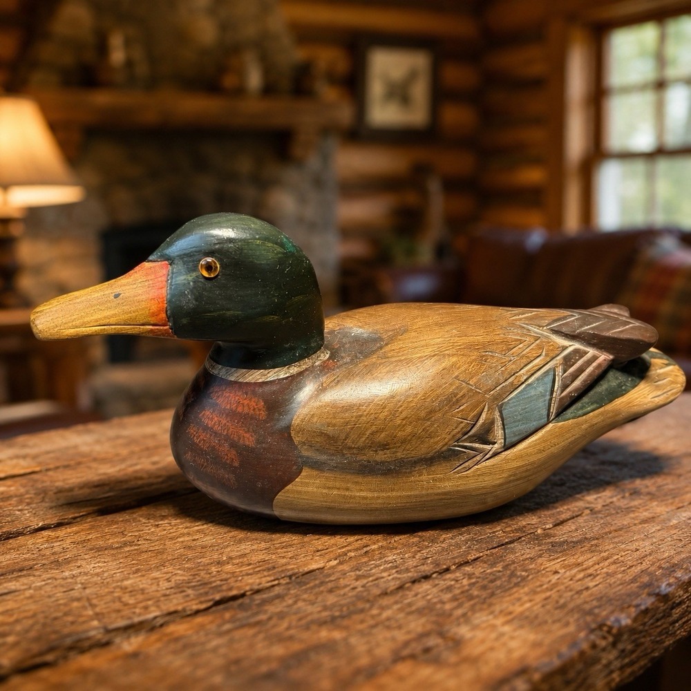 Vintage Hand Carved Mallard Duck Decoy Folk Art Wood Carving Signed Mary '01